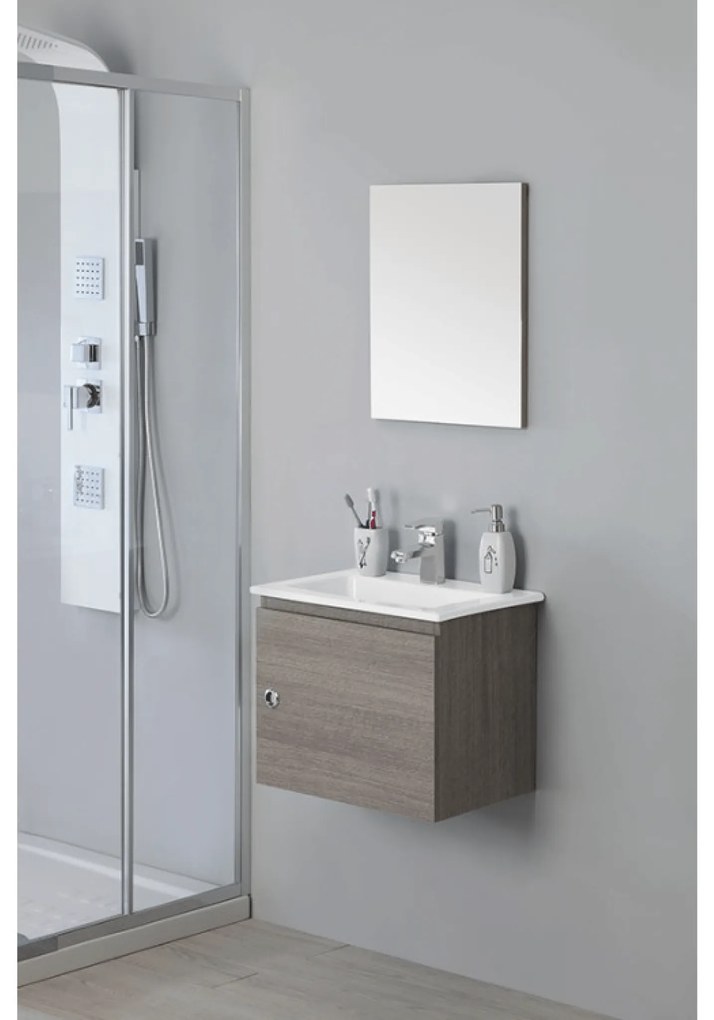 Mobile Bagno Sospeso 50 Cm Un'Anta Specchio Su Pannello 40x50 Cm Feridras "Si 50" Rovere Scuro