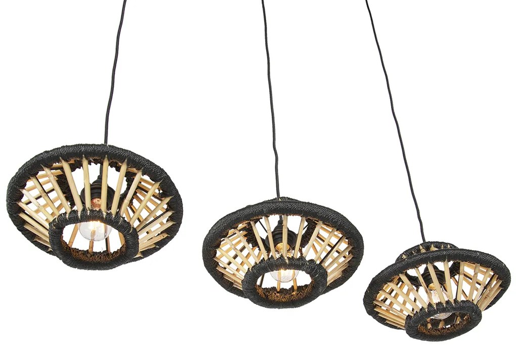 Lampada a sospensione orientale in bambù con paralumi neri oblunghi a 3 luci - Evalin
