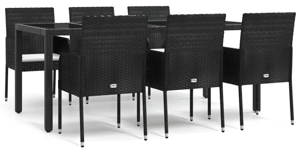 Set da pranzo da giardino 7 pz nero con cuscini in polyrattan