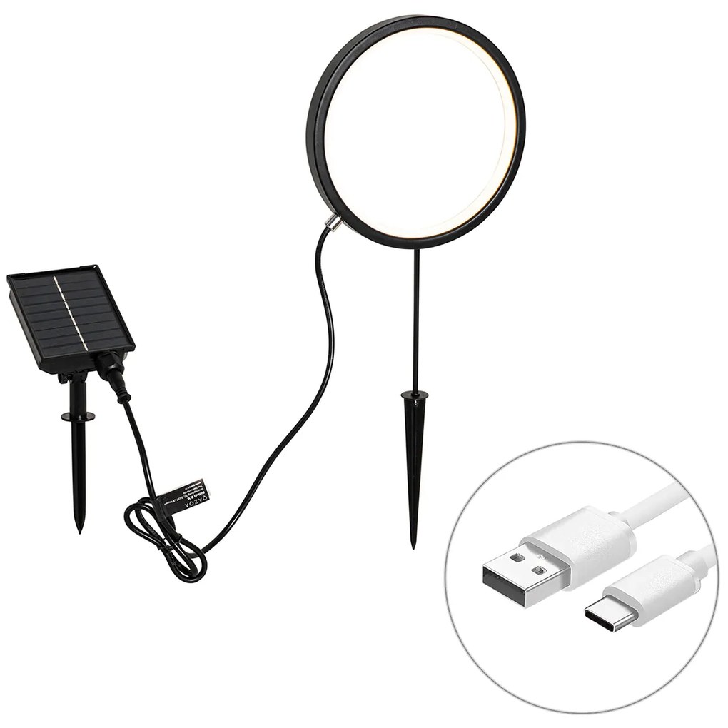 Luce a spillo nera 50 cm con LED ricaricabile e solare IP65 - Adalind