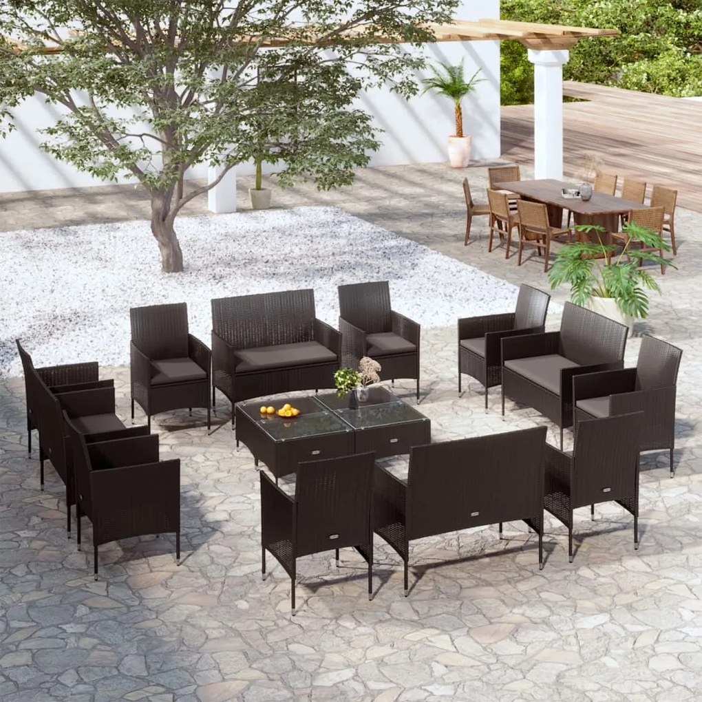 Set Divani da Giardino 16 pz con Cuscini in Polyrattan Nero