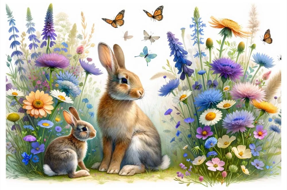 Quadro su tela – Coniglietti su prato fiorito di primavera