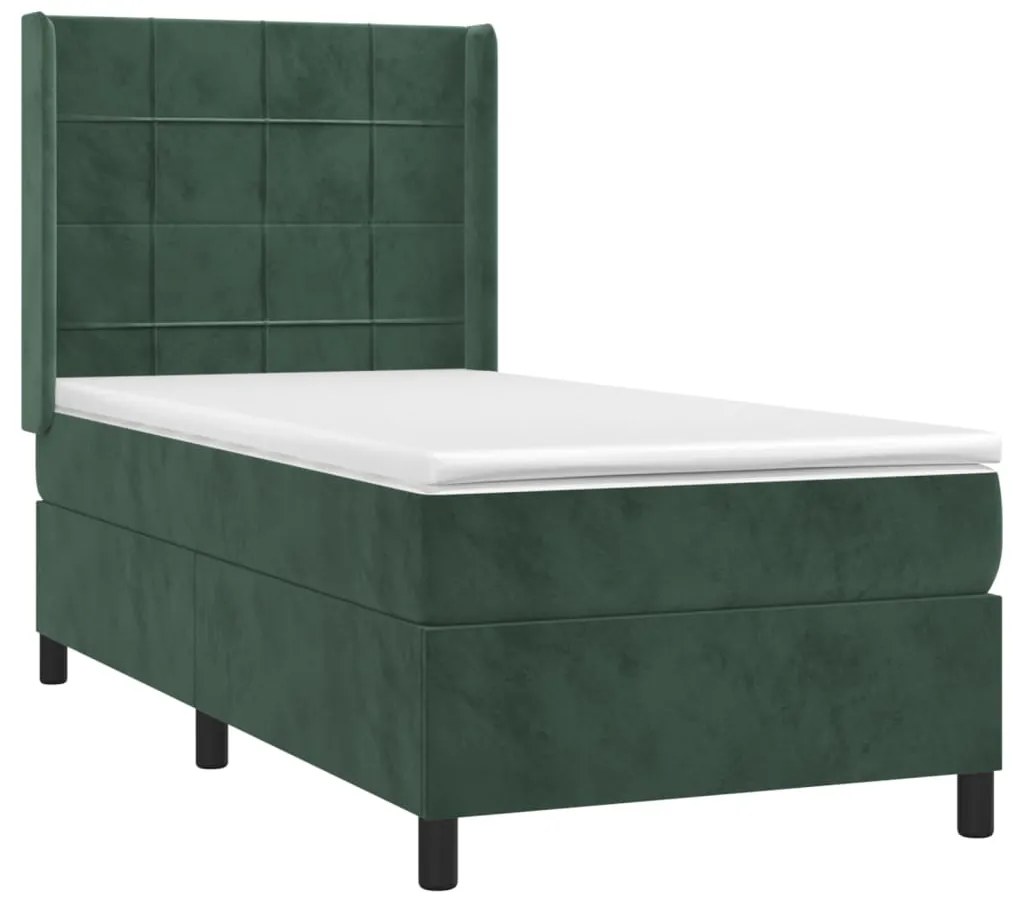 Letto a molle con materasso e led verde scuro 100x200cm velluto