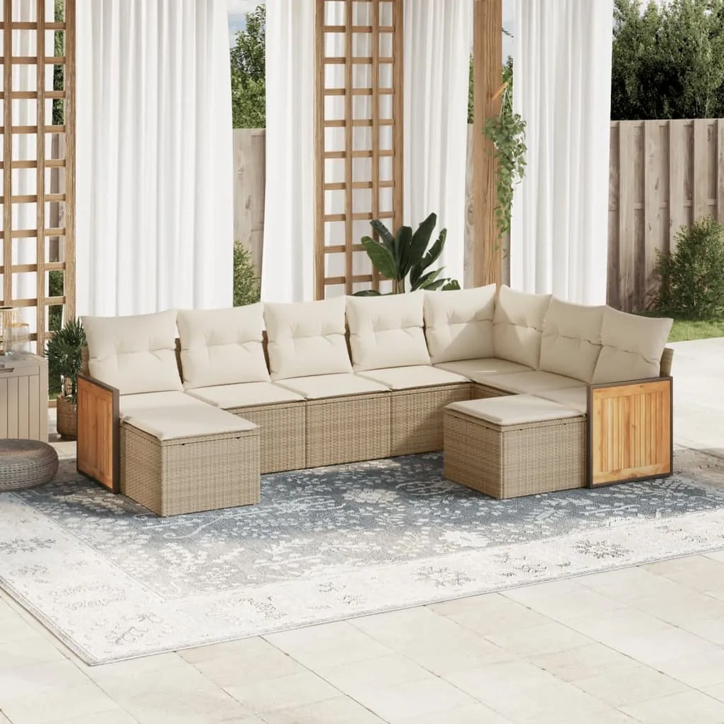 Set divano da giardino 9 pz con cuscini beige in polyrattan