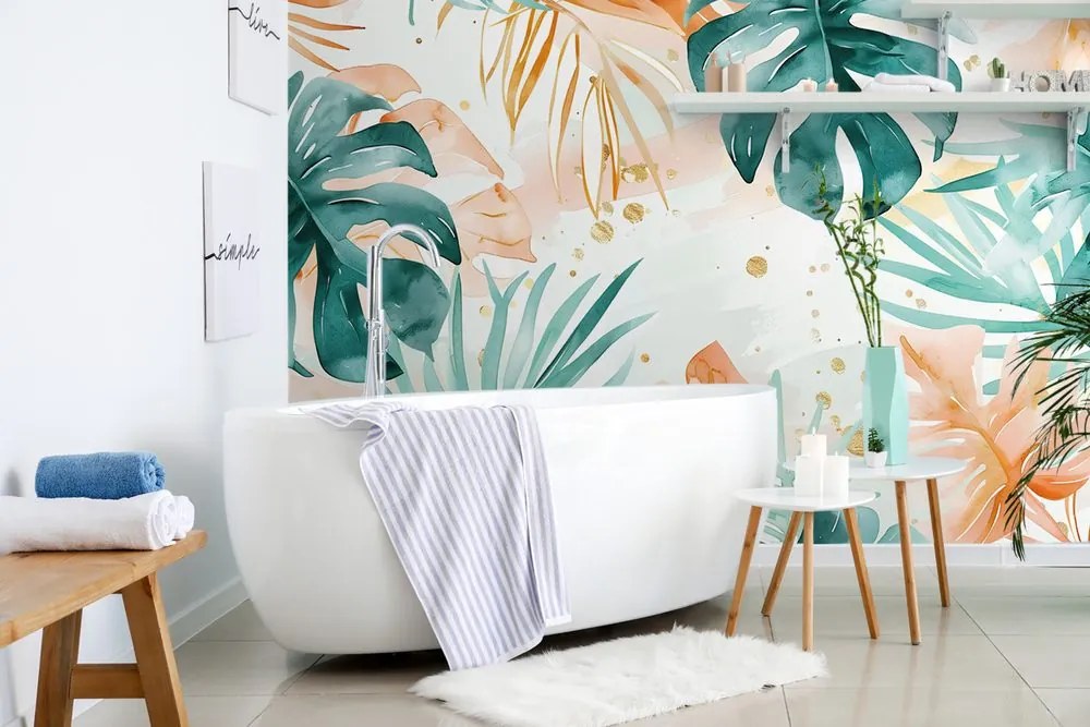 Carta da parati – Foglie tropicali verde-arancio