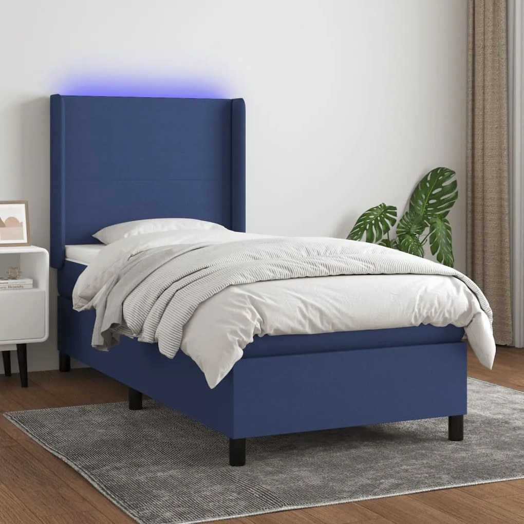 Letto a molle con materasso e led blu 90x190 cm in tessuto