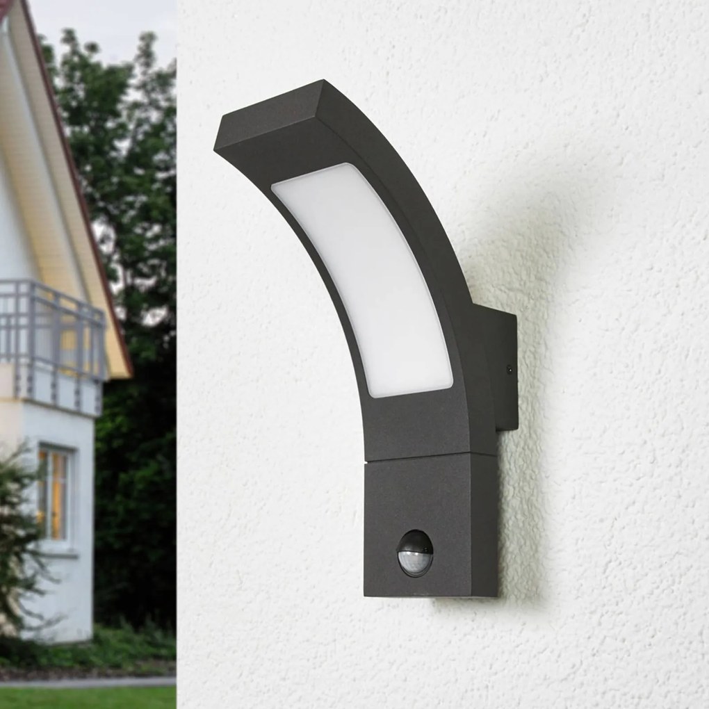 Lucande Applique da esterni LED Juvia, sensore, 27 cm, grigio, IP54 Juvia, Nero, Alluminio, Moderno
