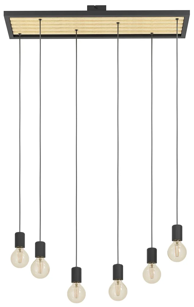 Lampadario A Sospensione Vintage Consett Acciaio Nero Legno 6 Luci E27