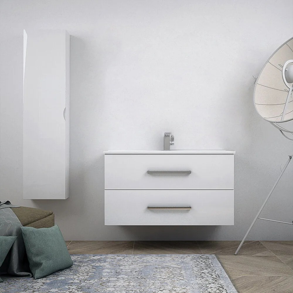 Mobile bagno bianco lucido 100 cm sospeso a due cassetti con colonna da 140 cm