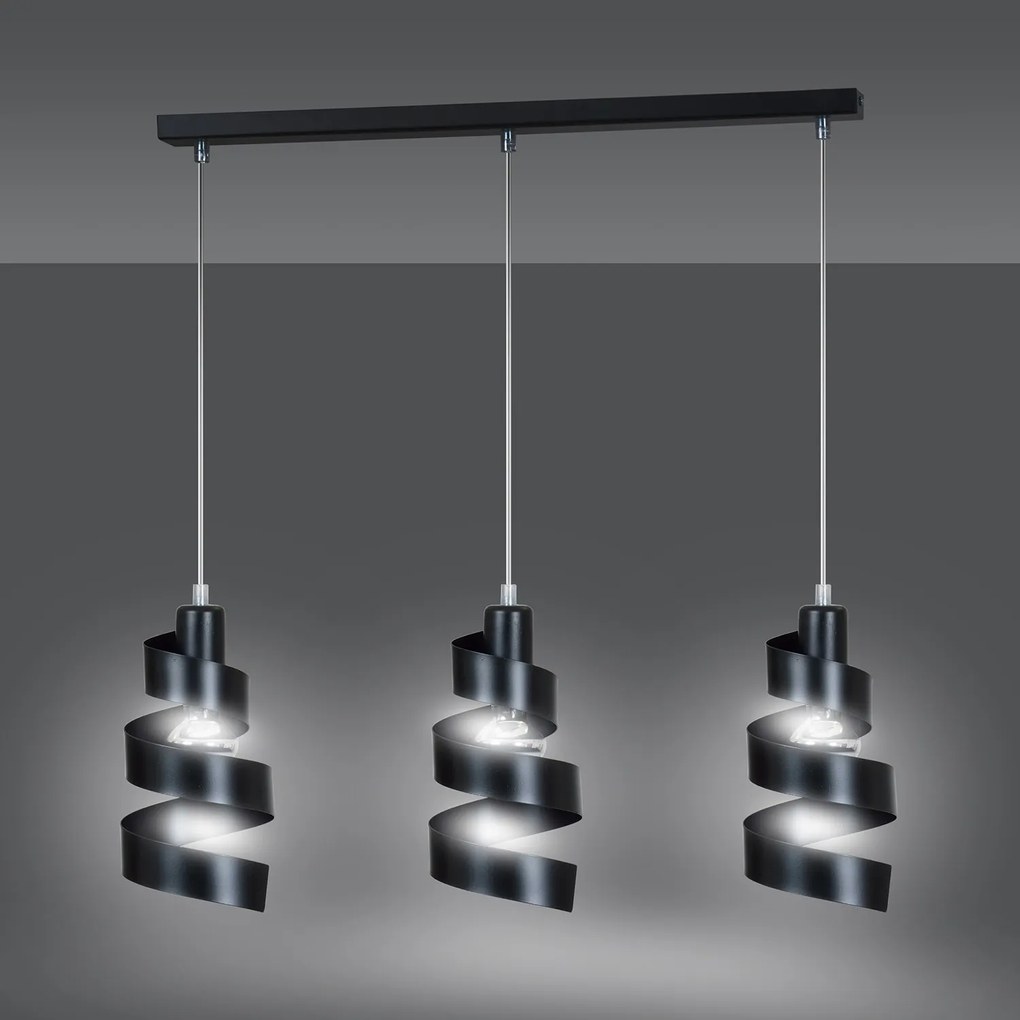 Lampadario Moderno 3 Luci Tristano In Acciaio Nero Con Fasce A Spirale