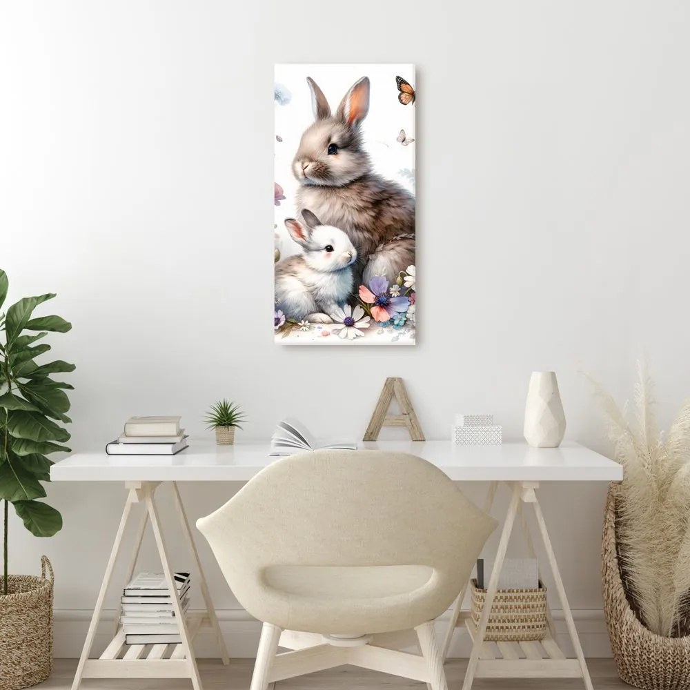 Quadro su tela – Prato primaverile con conigli e farfalle