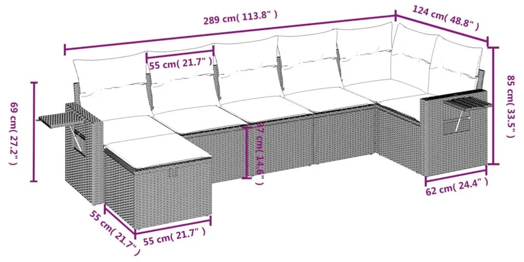 Set Divani da Giardino 7 pz con Cuscini Grigio in Polyrattan