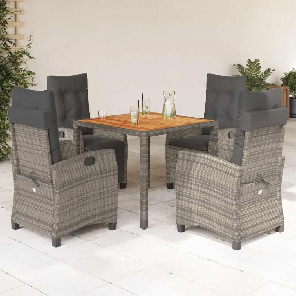 Set da pranzo da giardino 5 pz con cuscini in polyrattan grigio