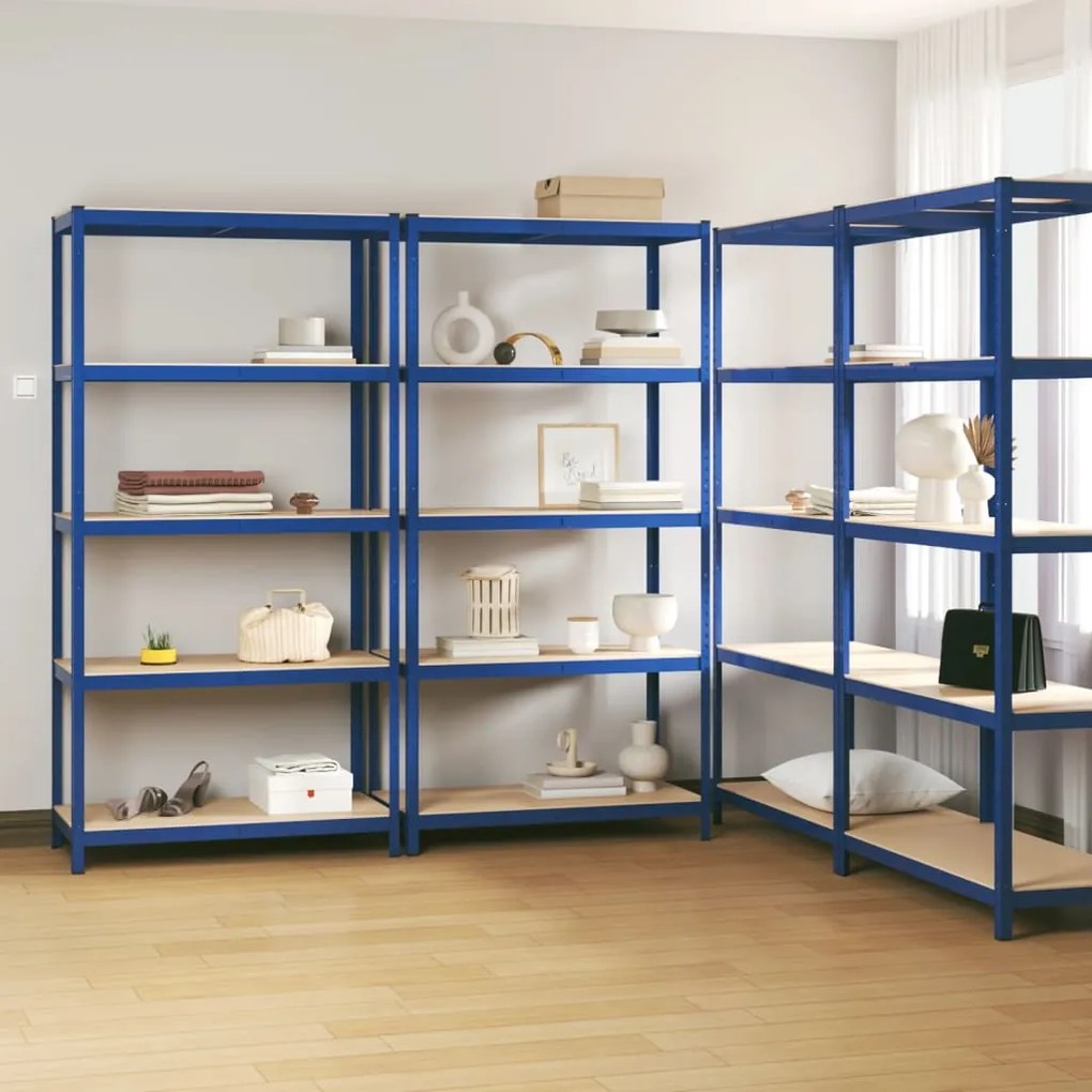 Scaffali A 5 Ripiani 4 Pz Blu İn Acciaio E Legno Multistrato /