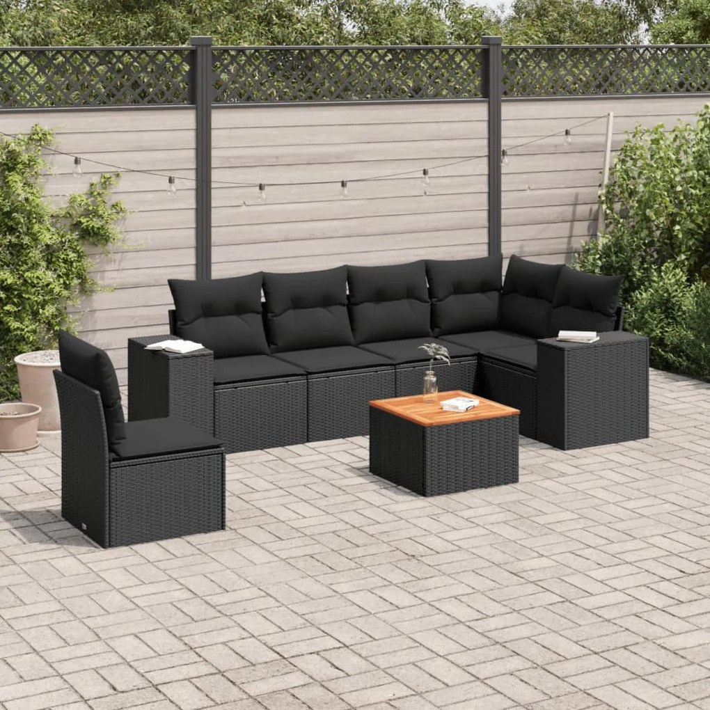 Set Divani da Giardino con Cuscini 7pz Nero Polyrattan