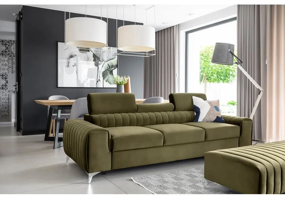 Divano color kaki allungabile e rivestimento in velluto 261 cm Laurence – ELTAP