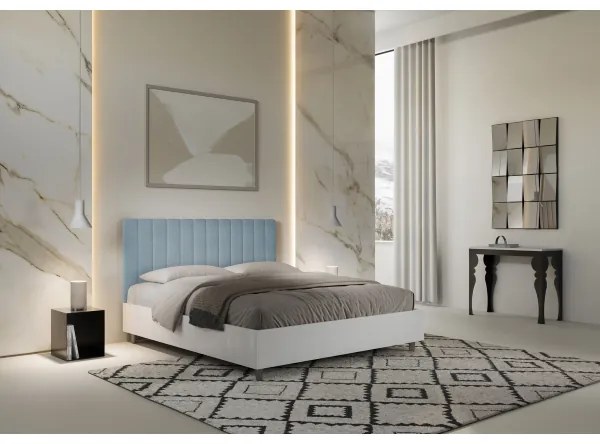 Letto contenitore da 160x200 in legno bianco e testata in microfibra azzurro Kaia