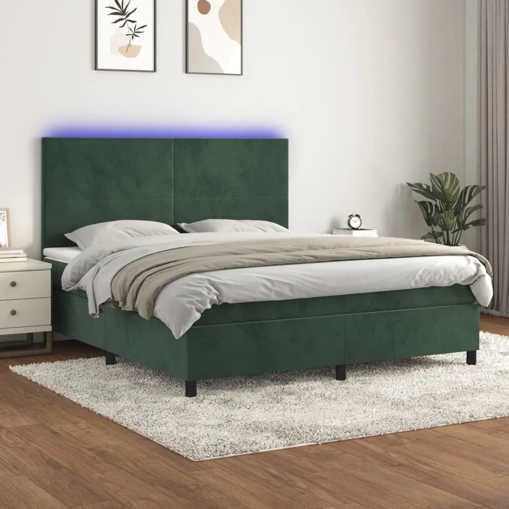 Letto A Molle Con Materasso E Led Verde Scuro 160x200cm Velluto /