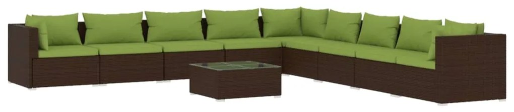 Set Divani da Giardino 10 pz con Cuscini in Polyrattan Marrone