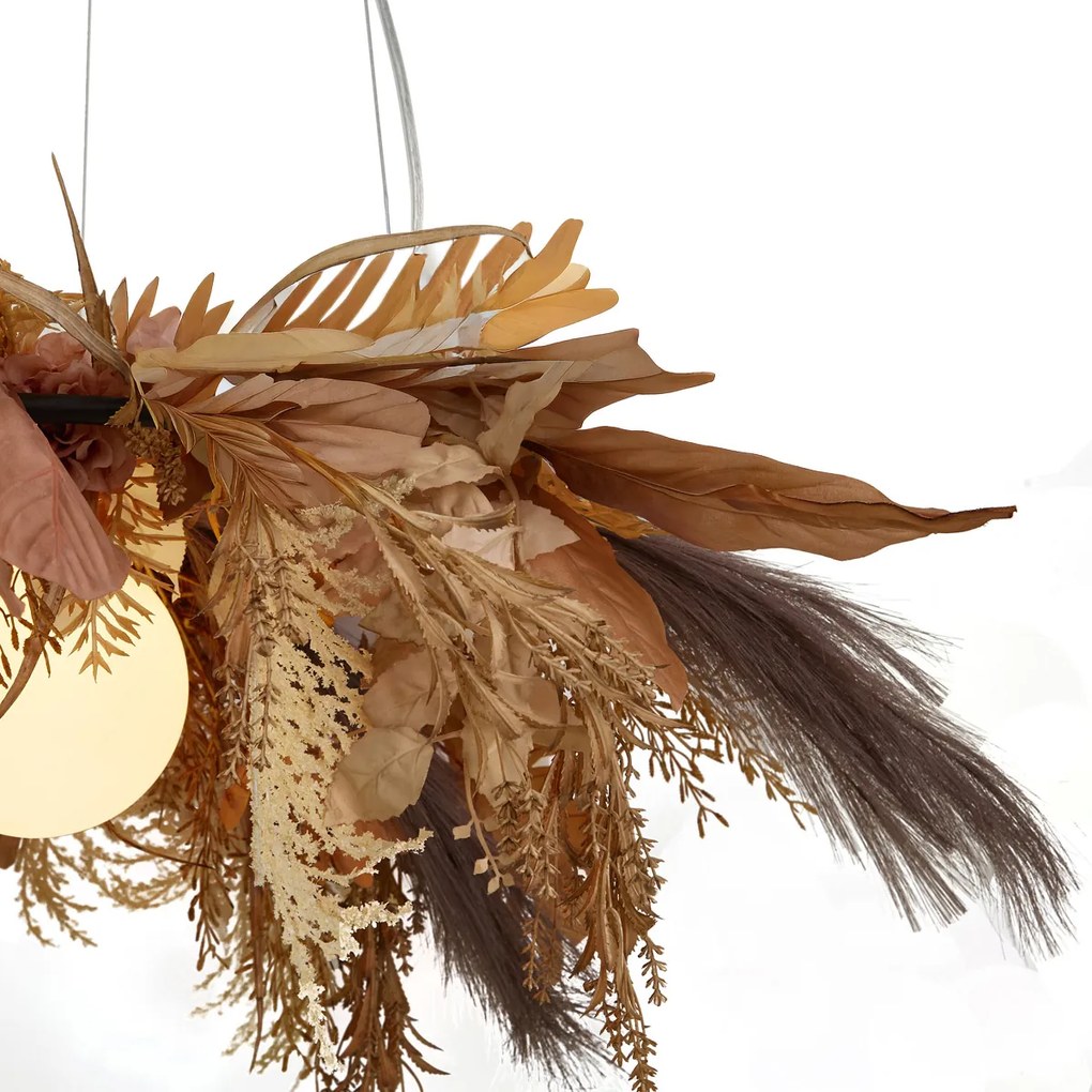 Lampada a Sospensione Japandi Nera con Fiori Beige e Vetro Bianco - Flower Power