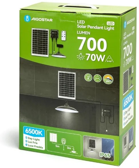 Aigostar - Lampadario solare a LED 70W/12V, batteria 6000 mAh, 6500K, diametro 23,5 cm