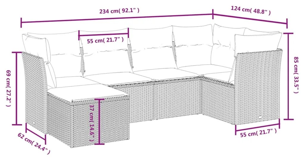 Set divano da giardino 6 pz con cuscini nero in polyrattan