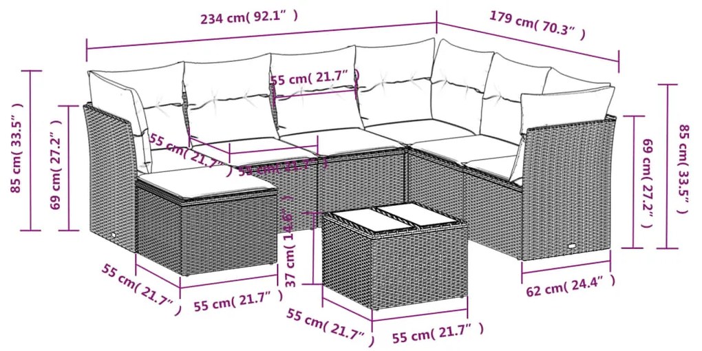 Set Divani da Giardino con Cuscini 8 pz Nero in Polyrattan