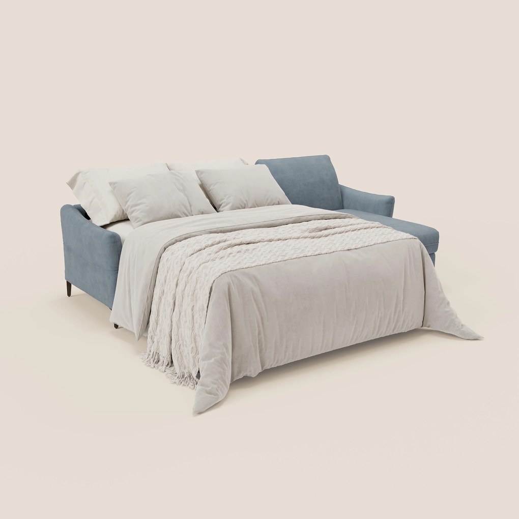 Dalia divano letto angolare con materasso alto 18 cm piedini alti e penisola contenitore in tessuto smacchiabile T17 carta da zucchero