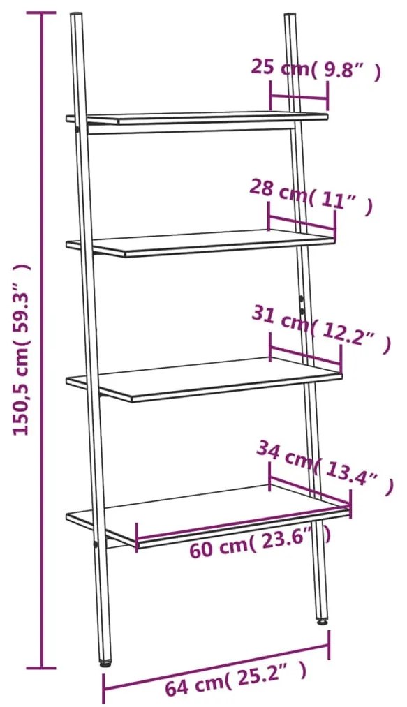 Scaffale Pendente 4 Livelli Marrone Scuro e Nero 64x34x150,5cm