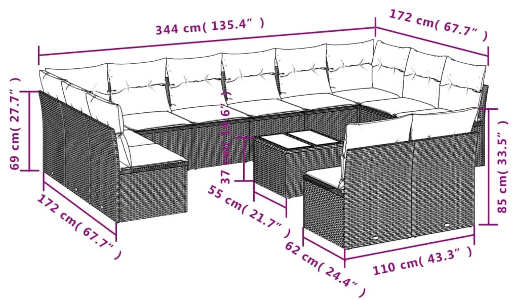 Set divani giardino 13 pz con cuscini grigio chiaro polyrattan