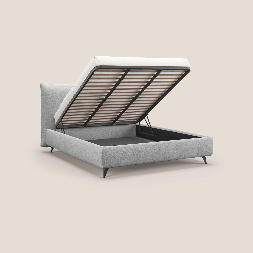 EROS letto imbottito in piuma con vano contenitore in pregiato e fresco bouclet smacchiabile T16 grigio