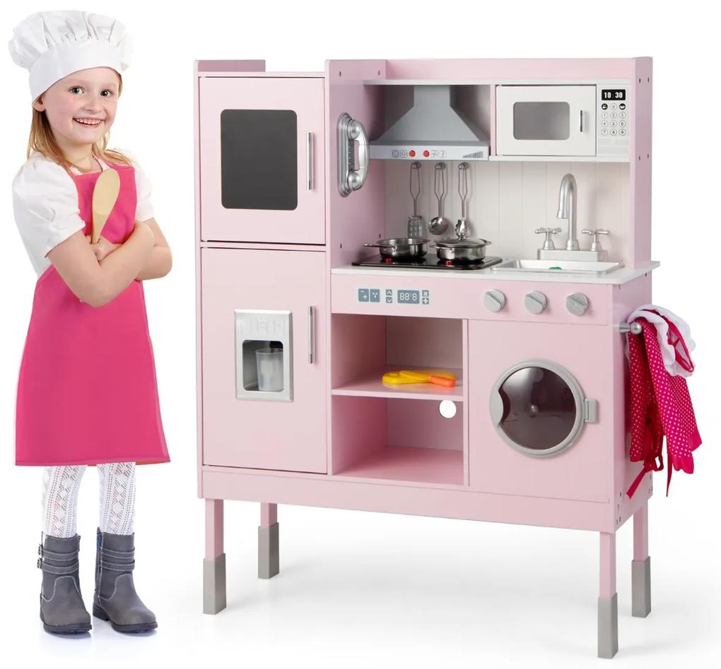 Costway Cucina giocattolo per bambini con cappa macchina del ghiaccio telefono e 16 accessori, Gioco cucinetta Rosa
