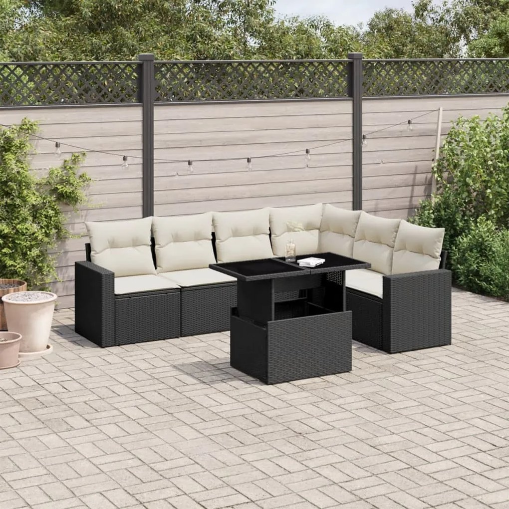 Set divani da giardino con cuscini 7pz nero polyrattan