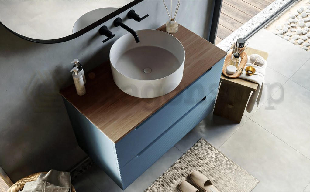 Mobile bagno sky blue 80x45 Mango due cassetti soft close con top noce e lavabo tondo da appoggio in ceramica lucida