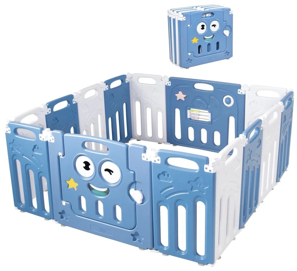 Costway Recinto per bambini con 14 pannelli pieghevoli porta richiudibile, Box per bambini da interno 160x118x65cm Blu