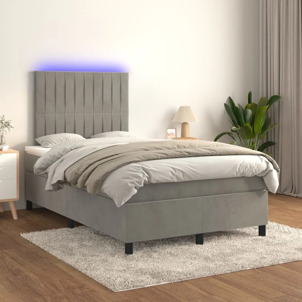 Letto a molle materasso e led grigio chiaro 120x200 cm velluto