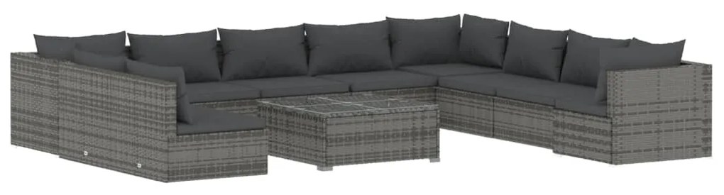 Set divani da giardino 11 pz con cuscini in polyrattan grigio