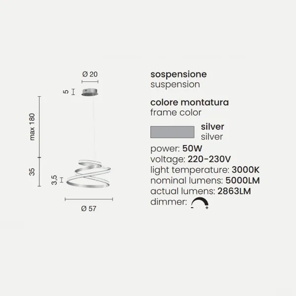 Lampada a sospensione moderna VUELTA a LED in metallo verniciato D57 cm ARGENTO