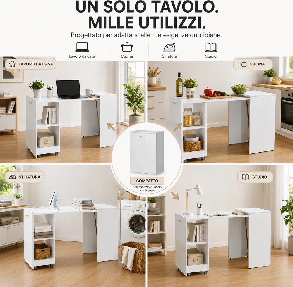 Mobile con Tavolo Scrivania a Scomparsa Richiudibile Salvaspazio in Truciolare Bianco...
