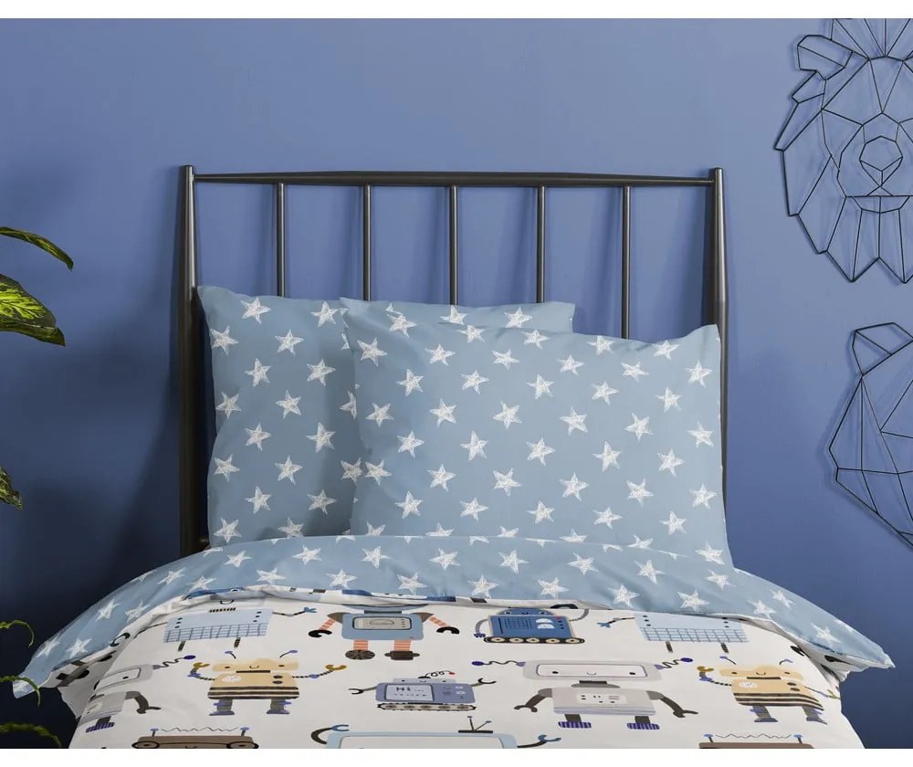 Set copripiumino e federa da bambini blu/beige in cotone per letto singolo 140x200 cm Robo – Good Morning