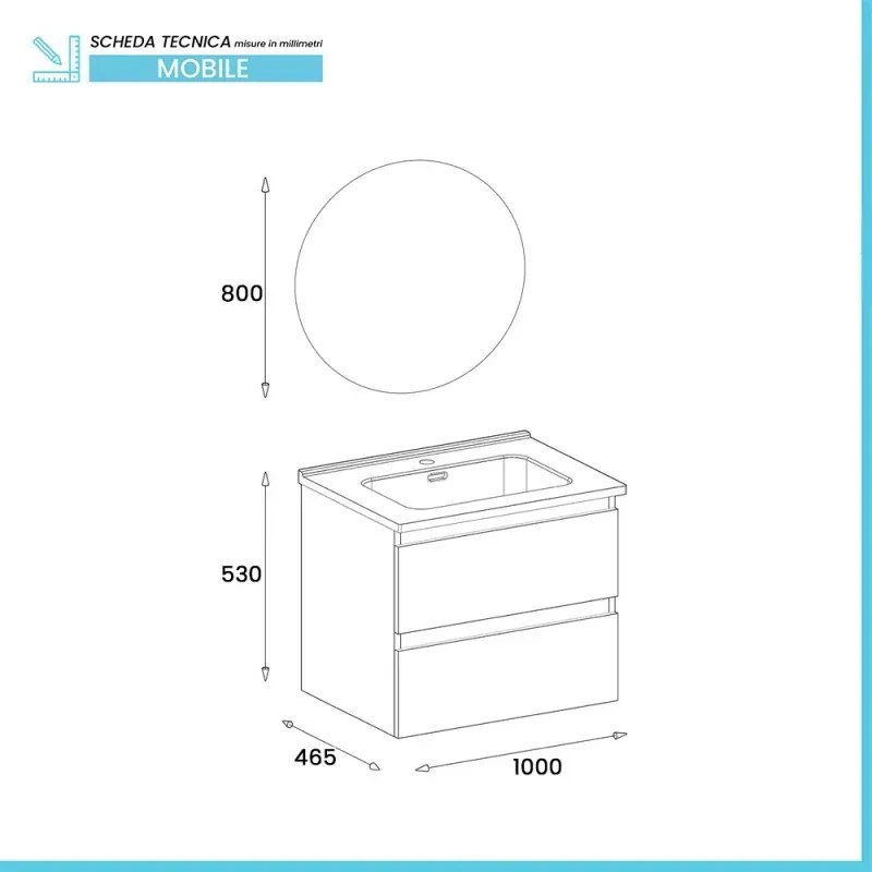 Mobile bagno sospeso 100 cm in legno bianco lucido 2 cassettoni con lavabo e specchio Leda