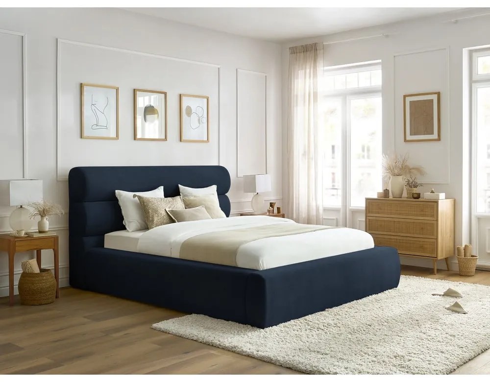 Letto matrimoniale imbottito blu scuro con contenitore a griglia 180x200 cm Jagna - Bobochic Paris