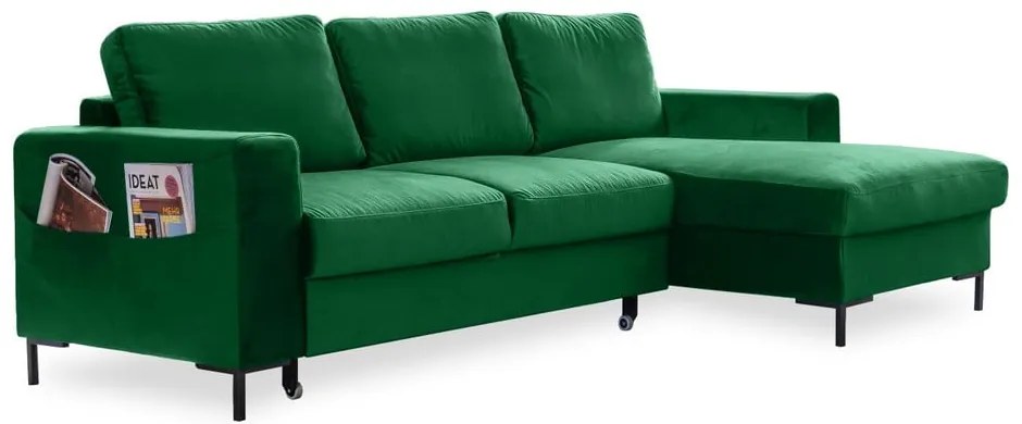 Divano letto angolare in velluto verde, angolo destro Lofty Lilly - Miuform