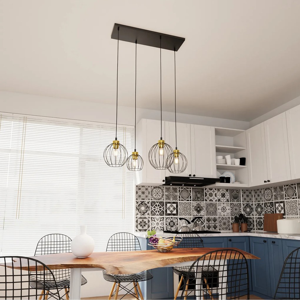 Sospensione Minimal Industrial Hathor 4 Luci Lineari Nera E Oro