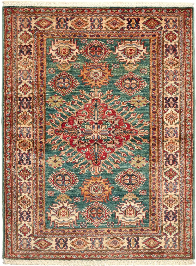 Kazak Tappeto 100x130 Verde (Pakistan) Annodato A Mano
