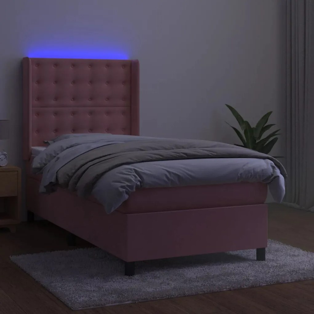 Letto a molle con materasso e led rosa 90x200 cm in velluto