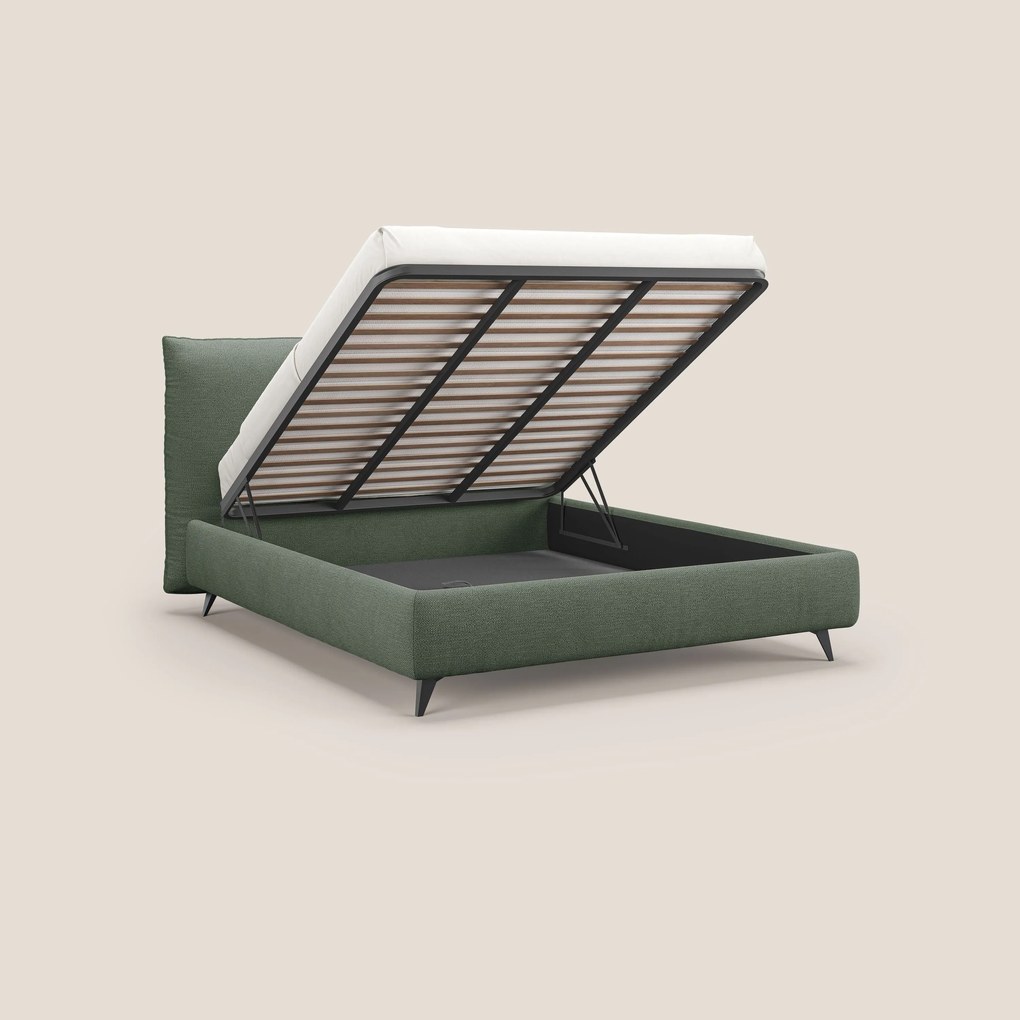 EROS letto imbottito in piuma con vano contenitore in pregiato e fresco bouclet smacchiabile T16 verde