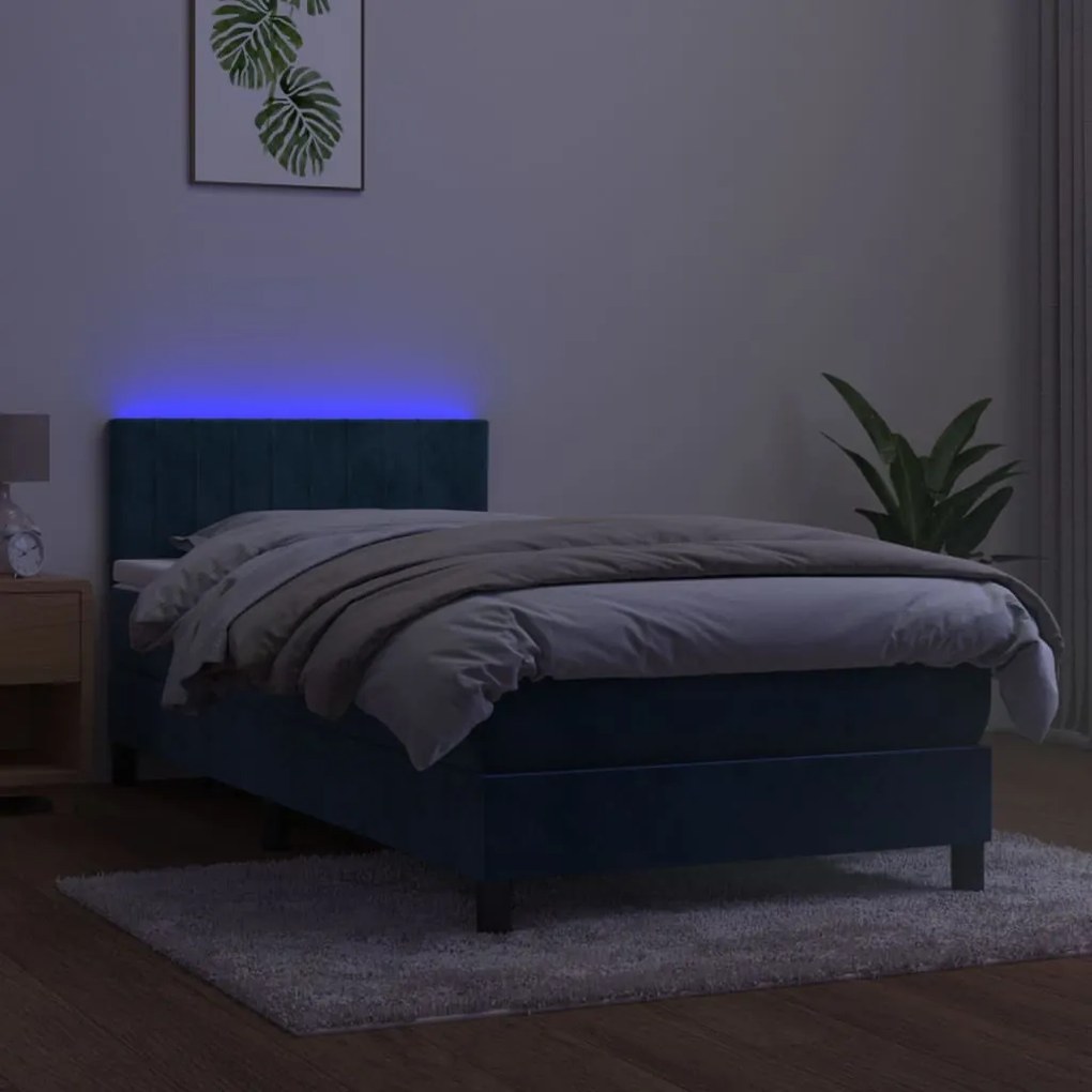 Letto a molle con materasso e led blu scuro 90x200cm in velluto