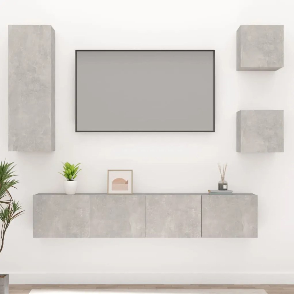 Set Di Mobili Porta Tv 5 Pz Grigio Cemento İn Legno Multistrato /