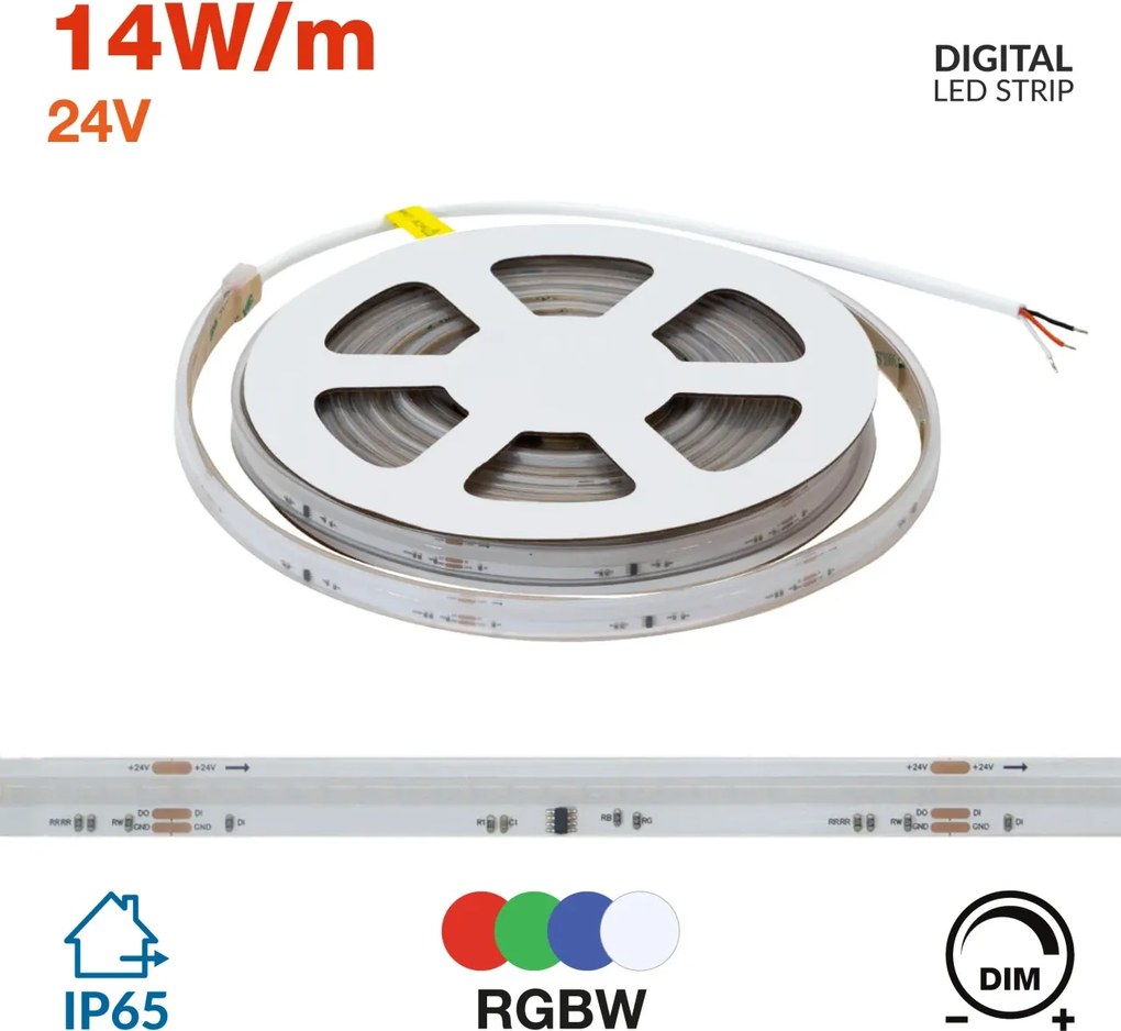 Striscia LED Digitale COB RGBW 24V 14W/m RUNNING Professionale IP65 - 5 metri